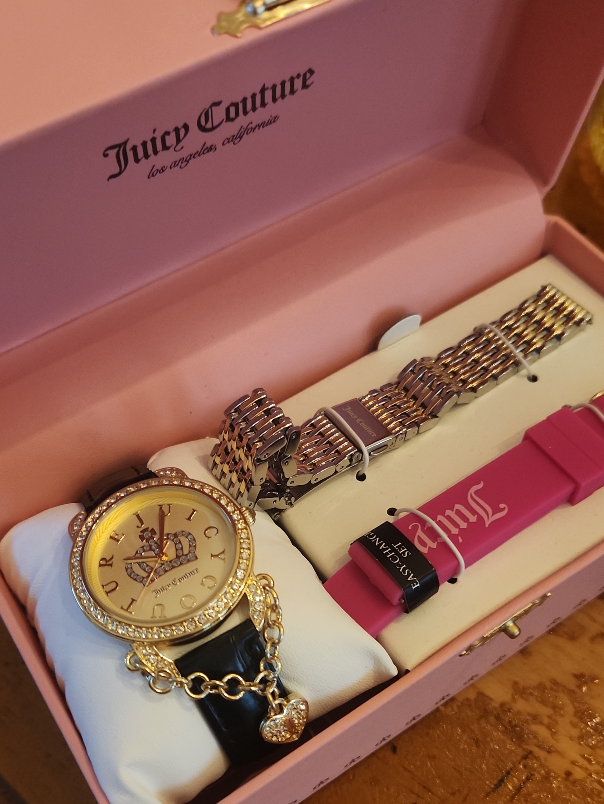 Juicy Couture GoldTone Watch With Black Leather And Pink Silicone Straps